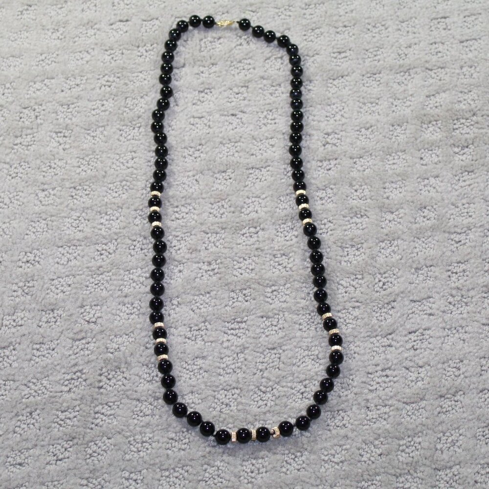 Vintage 14K Gold and Black Onyx Hand Knotted Beaded 30" Necklace